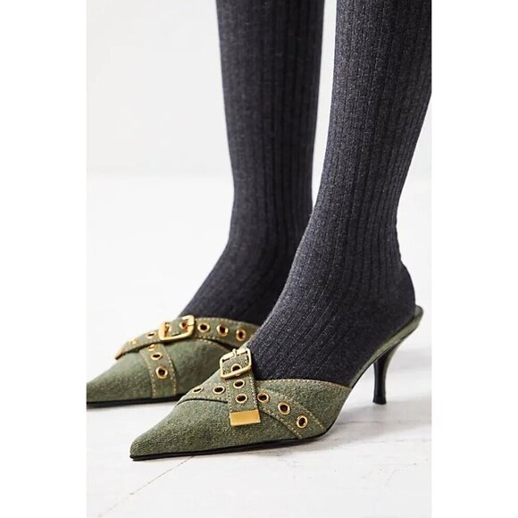 NEW Jeffrey Campbell X Free People Nimes Denim Buckle Heels Mules Green Size 7 - Picture 2 of 6
